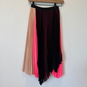 Loyd/Ford Pink Pleated Satin Sheer Black Overlay Midi Colorblock Skirt- Small